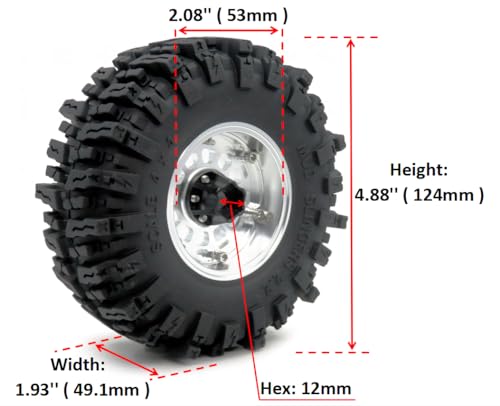 RC 2.2 Beadlock wheels and tires, 124mm Tall 2.2 Mud Slingers Tires & Adjustable Offset 2.2 Wheels Rims Silver For RC Mud Crawler Trail Gen8 Everest 10 Axial Capra Wraith, (4-Pack) - color: Silver