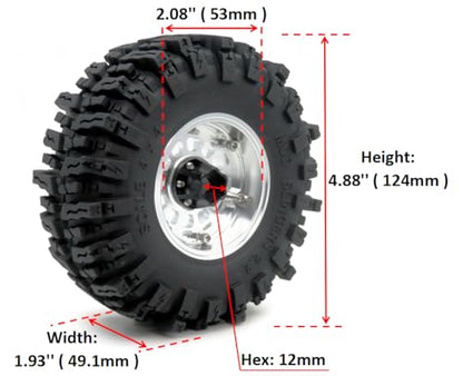 RC 2.2 Beadlock wheels and tires, 124mm Tall 2.2 Mud Slingers Tires & Adjustable Offset 2.2 Wheels Rims Silver For RC Mud Crawler Trail Gen8 Everest 10 Axial Capra Wraith, (4-Pack) - color: Silver