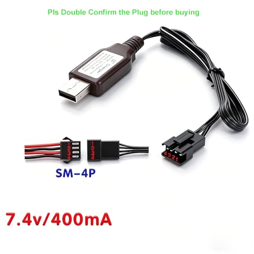 SM-4P Charger for RC Car/Boat/Gel Ball Blaster 7.4V Li-ion Battery, USB Charging Cable 2-Pack