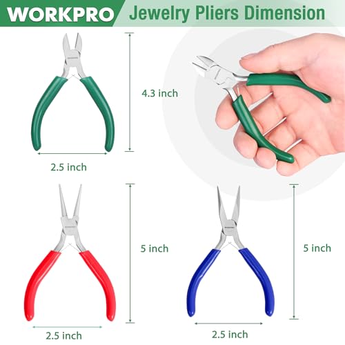 WORKPRO Jewelry Pliers Set, 3 Pack Jewelry Making Tool Kit | Needle Nose Plier/Chain Nose Plier, Round Nose Plier and Wire Cutter for Charm Bracelet, Jewelry Repair, DIY Crafts - color: Dark Blue, Dark Green, Red