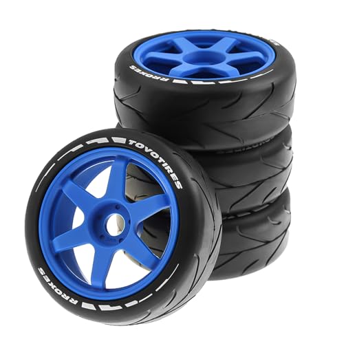 1/8 RC On Road Tires And Hard Plastic Drift Wheels 17mm Hex Rally Racing Tyres For 1:8 Scale Touring Street Car Tamiya HPI WR8 HSP Hobao ARRMA Redcat Losi Kyosho VRX W10 4PCS (Blue) - color: Blue