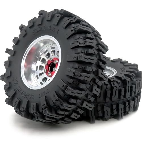RC 2.2 Beadlock wheels and tires, 124mm Tall 2.2 Mud Slingers Tires & Adjustable Offset 2.2 Wheels Rims Silver For RC Mud Crawler Trail Gen8 Everest 10 Axial Capra Wraith, (4-Pack) - color: Silver