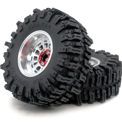 RC 2.2 Beadlock wheels and tires, 124mm Tall 2.2 Mud Slingers Tires & Adjustable Offset 2.2 Wheels Rims Silver For RC Mud Crawler Trail Gen8 Everest 10 Axial Capra Wraith, (4-Pack) - color: Silver