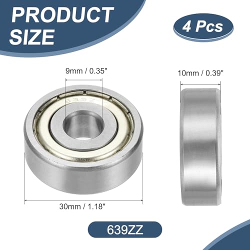 uxcell 4 Pack 639ZZ Deep Groove Ball Bearings, 9x30x10mm Chrome Steel Double Shield Bearing for Electric Motor, Home Appliances, Garden Machinery, (ABEC5) - size: 639ZZ