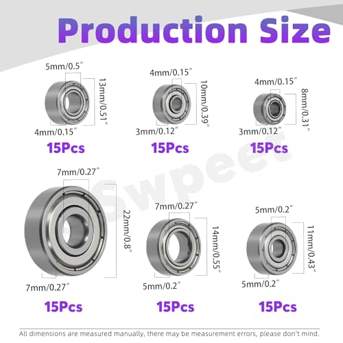 Swpeet 90Pcs 6 Sizes 693ZZ, 623ZZ, 624ZZ, 685ZZ, 687ZZ,627ZZ Ball Bearings Assortment Kit, Carbon Steel Deep Groove Bearings, Double Shielded - size: Assortment Kit-90PCS, style: Carbon Steel