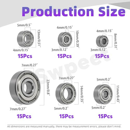 Swpeet 90Pcs 6 Sizes 693ZZ, 623ZZ, 624ZZ, 685ZZ, 687ZZ,627ZZ Ball Bearings Assortment Kit, Carbon Steel Deep Groove Bearings, Double Shielded - size: Assortment Kit-90PCS, style: Carbon Steel