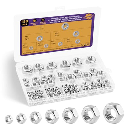 150Pcs Metric 7 Sizes Hex Nut Assortment 304 Stainless Steel | M3 M4 M5 M6 M8 M10 M12, Rust Resistant, For Electronics, Mechanics & DIY, Storage Case Included. - size: 150Pcs M3-M12 Silver