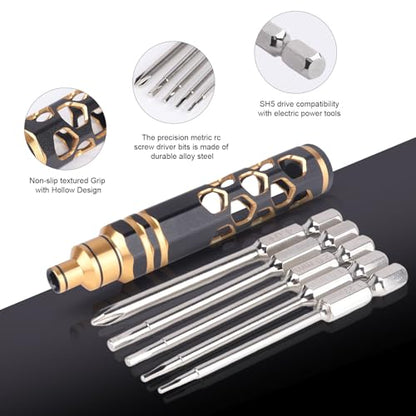 5 in 1 RC Hobby Repair Tools Kit, Hex Driver Set Allen Wrench with Drill Bits, Hex Bit Set & Phillips Screwdriver Bits, Alloy Handle Tool Set for RC Car Truck Crawler Helicopter Drone Boat