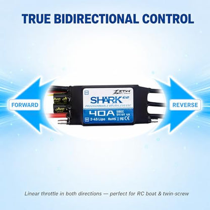 ZTW Shark G2 40A ESC 2-4S Built-in Swithcing BEC 5V/6V 4A Water-Cooling Bidirectional Waterproof Brushless Speed Controller for RC Boat Marine - size: 40A