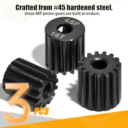 3PCS 48P Pinion Gear Set Hardened Steel 3.175mm Shaft 13T 14T 15T with Screws & Hex for 1/10 RC Arrma Traxxas HPI Kyosho Losi Axial SCX10 Tamiya Monster Truck Buggy Motor Upgrade Parts - size: 13 14 15T