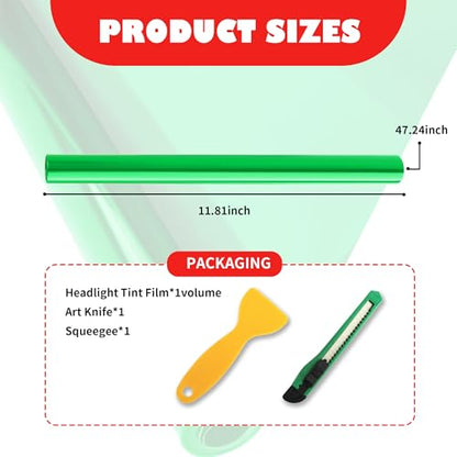 12×47 Inch Car Headlight Tint Film,Self-Adhesive Tail Light Tint Film Kit with Squeegee & Cutter,Universal Taillight Tints Films Automotive Exterior Accessories for Car Fog (Green) - color: Green