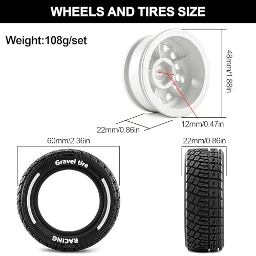 12mm Hex RC Drift Wheels and Rally Tires, 60mm OD, White | Compatible with Arrma Mojave Grom, Tamiya, MJX, Traxxas, 1/14 1/16 1/18 RC Cars, 2.36in OD Rally Drift Tires and Wheels Set - color: White