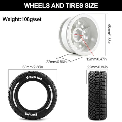 12mm Hex RC Drift Wheels and Rally Tires, 60mm OD, White | Compatible with Arrma Mojave Grom, Tamiya, MJX, Traxxas, 1/14 1/16 1/18 RC Cars, 2.36in OD Rally Drift Tires and Wheels Set - color: White