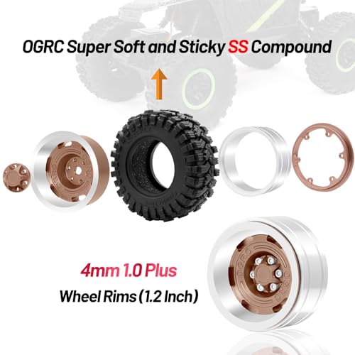 OGRC 1.3 Beadlock Wheel Tires -4mm Offset Wheels for 1/24 1/18 SCX24 TRX4M | Aluminum, 7mm Hex, Sticky Compound Rubber, for TRX4M AX24 FCX24 RC Carwler Car, Brown - color: Brown