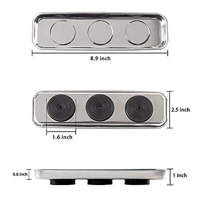 3 Pieces Magnetic Trays Set Stainless Steel Magnet Tool Tray Parts Holder for Screws, Sockets, Bolts, Pins, Mechanic's and Automotive - size: 3 Pieces Set (8.9" x 2.5" + 9.5" x 5.5")
