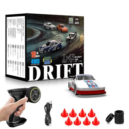 RC Drift car, 1/43 Mini Rc Drift car with Gyroscope, 2.4GHz Full Proportional Remote control Cars, 4WD High Speed Racing with Lights, Racing Tires, Model Cars Gift for Adults, Kids, Boys, Girls - color: White-p