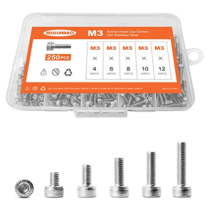 M3 x 4mm 6mm 8mm 10mm 12mm Hex Socket Head Cap Screws Bolts, 304 Stainless Steel, Metric Machine Fully Threaded, Bright Finish, Allen Hex Drive, Assortment Kit 250PCS - size: M3 x 4/6/8/10/12mm (250PCS)
