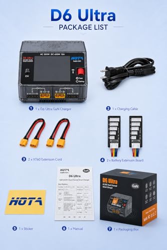 HOTA D6 Ultra GaN+SiC Smart Lipo Charger, 650W DC/300W AC 15A×2 Dual Channel RC Battery Charger for LiPo Life LiIon NiMH Lead Acid 1-6S FPV Drone RC Car Boat with 2.8" Color LCD & Wireless Charging ﻿