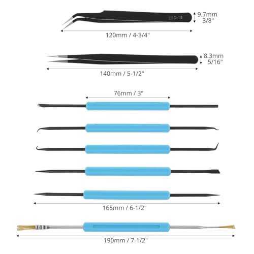 QWORK Professional Welding Auxiliary Tools Set, 6 Double-sided Repair Tools & 2 Anti-static Precision Tweezers for Electronic Repair, Soldering, and Grinding