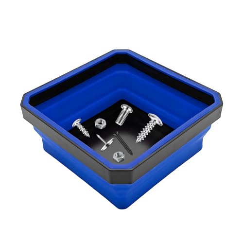 Collapsible Magnetic Parts Tray, 4.5" Square Metal Parts Organizer with Dual-Sided Magnetic Base, Foldable Tools Tray Silicone Storage Bowl for Screws Bolts Nuts Washers Pins (Blue) - color: Blue