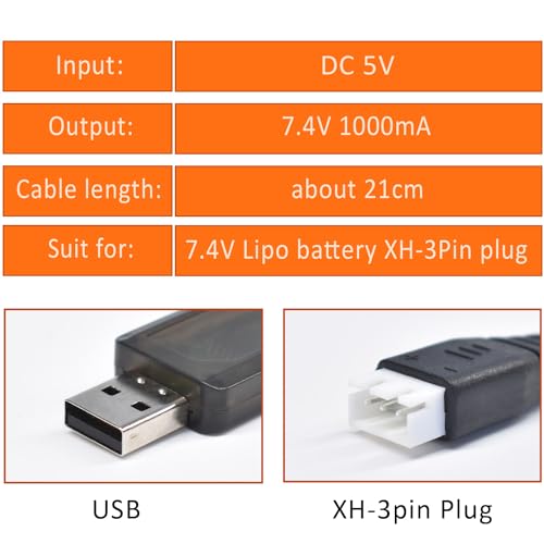 Pinkind USB Charger Cable with XH-3P Connector for 2S 7.4V LiPo Battery Hosim Q903 Q905 Axial SCX10 RC Car Rock Crawler FPV Drone Quadcopter（2 Pack ）