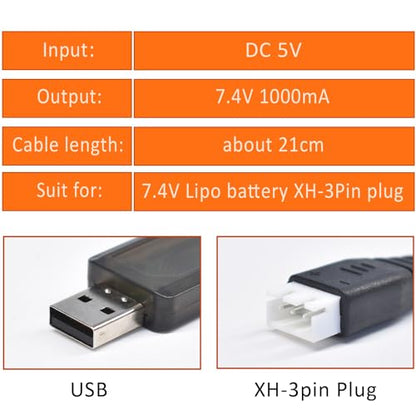 Pinkind USB Charger Cable with XH-3P Connector for 2S 7.4V LiPo Battery Hosim Q903 Q905 Axial SCX10 RC Car Rock Crawler FPV Drone Quadcopter（2 Pack ）