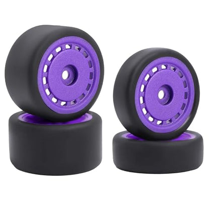 4PCS Pre-Glued On-Road Drift Racing Smooth Rubber Tires and Wheel Rims Set 7MM Hexagon for 1/24 Losi Micro-B RC Car Upgrades Parts (Purple) - color: Purple