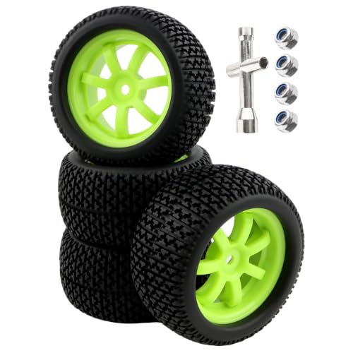 75mm/2.95" RC Rally Car Tires Rubber Tires Tyres & Plastic Wheel Rims 12mm Hex Compatible with Traxxas 4 Tec 2.0 Tamiya TT01 XV01 Kyosho WR8 Sakura WLtoys HPI Touring Racing Car (Green)