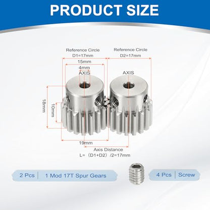uxcell 2Pcs 1 Mod 17T Spur Gear 4mm Bore, 304 Stainless Steel Pinion Gear, 20°Pressure Angle, for Spur Rack and RC Model Car or Motor DIY(15mm) - size: 1 Mod 17T, 4mm x 15mm