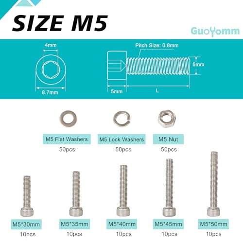 200 PCS M5 x 30mm 35mm 40mm 45mm 50mm, Hex Socket Head Cap Screws Bolts Washers Nuts Assortment Kit, Stainless Steel 304, Metric Allen Drive - size: Socket M5x30/35/40/45/50 mm