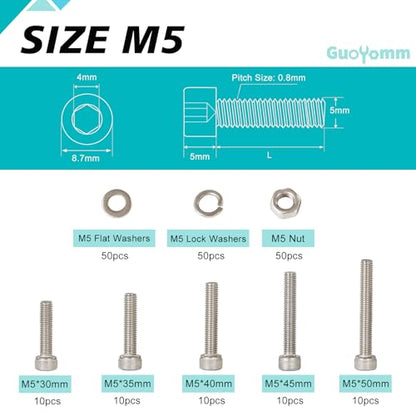 200 PCS M5 x 30mm 35mm 40mm 45mm 50mm, Hex Socket Head Cap Screws Bolts Washers Nuts Assortment Kit, Stainless Steel 304, Metric Allen Drive - size: Socket M5x30/35/40/45/50 mm