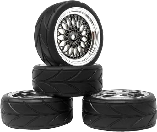 4PCS 64mm Rubber Tires and Plastic Wheel Rims Set 12mm Hex Replacement Part for Sakura Tamiya TT02 HPI HSP Kyosho 1/10 RC On Road Run-flating Touring Racing Car Tyre(Black Silver,Offset:6MM) - color: Black/Silver, size: Offset:6mm