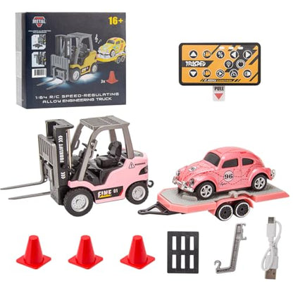 1/64 Scale Mini RC Forklift Truck, 2.4GHz Fully Functional Remote Control Truck Model with Wireless Controller, Cargo Hook, Forks and Pallet, RC Vehicle Toy for Adults - color: Pink/Upgraded Version