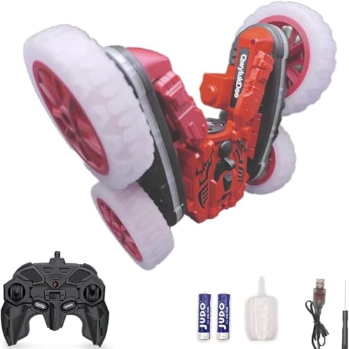 Rc Stunt Cars, Remote Control Cars with Sides Light Strip & 360° Flips Rotating Spray, Double Sided 2.4Ghz All Terrain Toy for Kids Ages 6-12 Year Old Gift (red) - color: Red