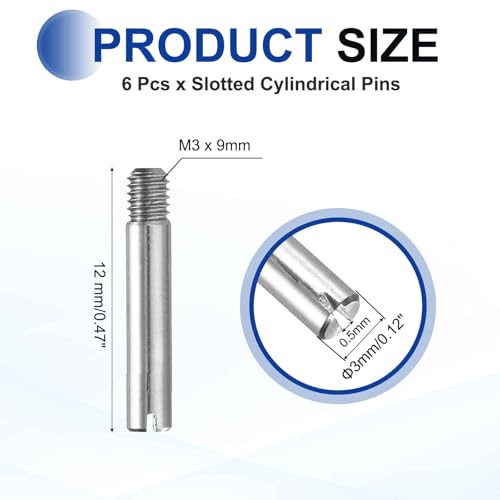 MECCANIXITY 6 Pcs M3 x 12mm Slotted Cylindrical Pins, 304 Stainless Steel Dowel External Thread Locating Parallel Pins Shelf Support Peg Pin for Furniture Installation, DIY Project - size: M3 x 12mm