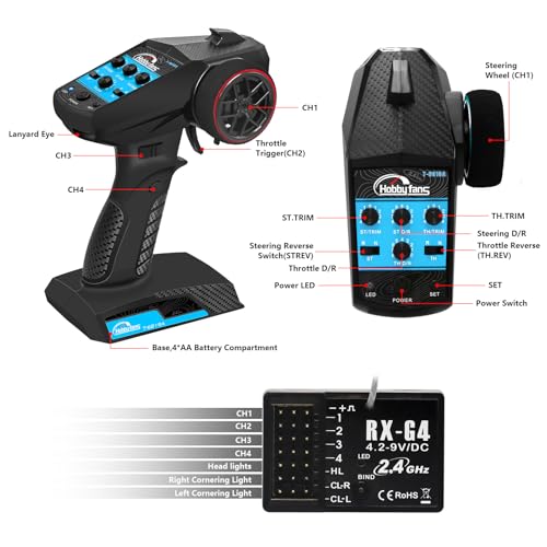 RC Radio System 4CH 2.4G RC Transmitter with Receiver and Lanyard & Sweat Absorbed Non-Slip Band Anti-Jamming Remote Controller for 1/10 1/12 1/14 1/16 1/18 1/24 RC Car Crawler Boat, Blue - color: Blue, W/ Orange Band