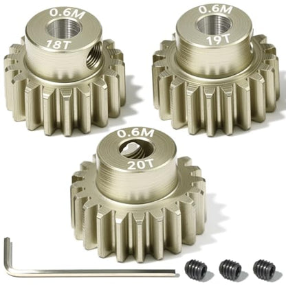 3PCS 0.6 Mod 0.6M Pinion Gear Set 18T 19T 20T, 7075 Aluminum Alloy RC Gears with 3.175mm Bore for 540 550 Brushed Brushless Motors, Fits for 1/10 Tamiya Redcat HSP HPI RC Cars - size: 18 19 20T