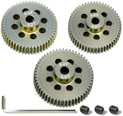64P Pinion Gear 3.175mm Shaft 7075 Aluminum Alloy Motor Gears,0.6 Metric Pitch 52 53 54T with 1/8 Hole Pinion Gear Compatible with 1/10 Arrma HPI Kyosho Losi Axial Traxxas Tamiya RC Car - size: 52 53 54T