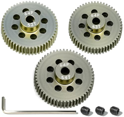 64P Pinion Gear 3.175mm Shaft 7075 Aluminum Alloy Motor Gears,0.6 Metric Pitch 52 53 54T with 1/8 Hole Pinion Gear Compatible with 1/10 Arrma HPI Kyosho Losi Axial Traxxas Tamiya RC Car - size: 52 53 54T