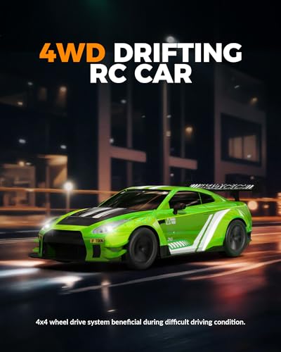 Drift RC Car, 1:20 Scale 2.4GHz 4WD 20KM/H Remote Control Cars | LED lights, drift tires & racing tires, 2 batteries, proportional throttle control - color: Green