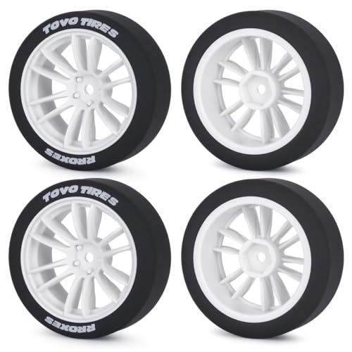 1/10 RC Drift Wheels and Tires Set, 12 Spoke On-Road Touring Car Wheel Tire Combo, 12mm Hex Drift Tires for RC Drift Car, 4PCS (White) - color: White
