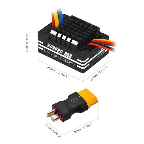 GOUPRC 2S-3S LiPo Metal 80A Brushed ESC Electronic Speed Controller T-plug/XT60 Plugs for 1/10 RC Car RC Boat for use with 540/550/750 Motors - color: Black
