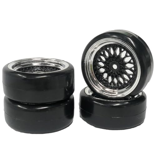 4PCS 1/10 RC Drift Car Tires Smooth Hard Tyre Plastic Plating Wheel Rims Set Replacement for HSP Tamiya HPI Kyosho On-Road Drifting Car (Black Silver) - color: Black Silver