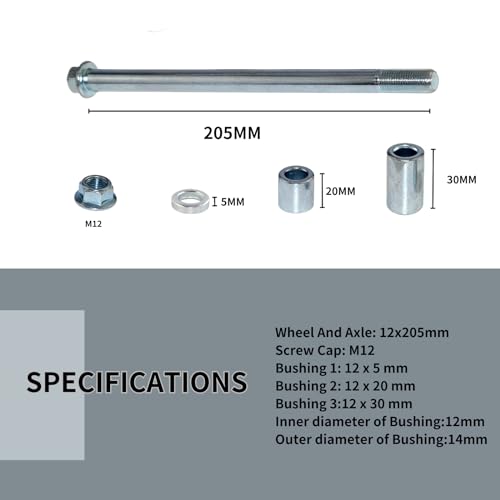 M12 205mm Front Rear Axle with Bushing 5mm 20mm 30mm Fit for Motorcycle Pit Dirt Bike Moped Scooter Quad ATV Mini Bike Parts - size: 12-205mm