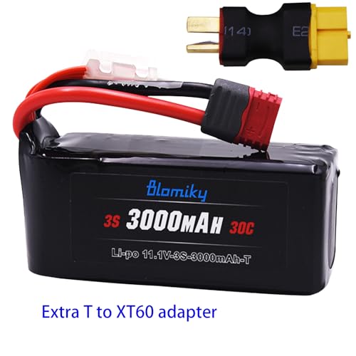 Blomiky 2 Pack 11.1V 3000mAh 33.3Wh 30C Li-Po Rechargeable T Plug Shorty Battery with XT60 Converter and Cable Suitable for Some 1/8 1/10 1/12 1/14 H14BM RC Cars /11.1V 3000mAh T 2