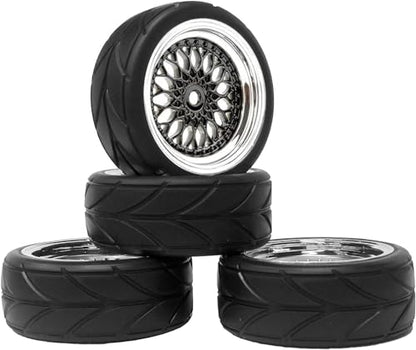 4PCS 64mm RC On Road Rubber Tires and Plastic Plating Wheel Rims Set Replacement Part for 1/10 RC Run-flating Touring Racing Drift Car Tyre(Black Silver,Offset:3mm) - color: Black/Silver, size: Offset:3mm