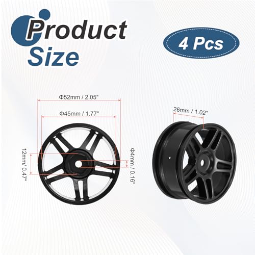 MECCANIXITY 4Pcs RC Car Wheel Rims, 52mm Diameter 5-Star Hole Black Plastic Wheel Rims Hex Hub for HSP 1:10 RC Drift Racing Touring Car