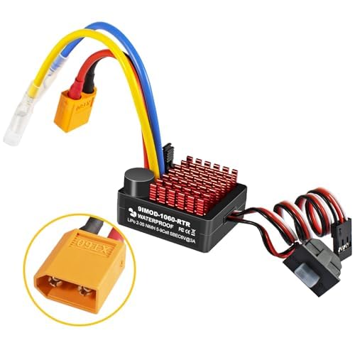WP 1060 2-3s 60A Brushed ESC [XT60 Plug] Waterproof Brushed Electronic Speed Controller with Switch Mode BEC, RC ESC for 1/10 Scale RC Crawler Car Trucks - color: Black-yellow