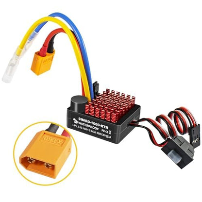 WP 1060 2-3s 60A Brushed ESC [XT60 Plug] Waterproof Brushed Electronic Speed Controller with Switch Mode BEC, RC ESC for 1/10 Scale RC Crawler Car Trucks - color: Black-yellow