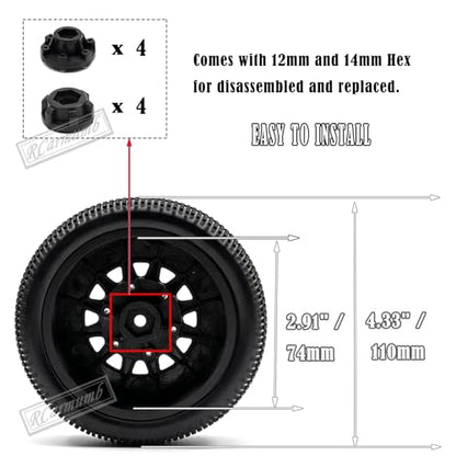4pcs Rc Truck Tires,12mm/14mm Hex RC Wheels and Tires for 1/10 Slash 2WD 4×4 4wd,Arrm a Senton Axia1 Red cat Rc 4wd Hex Detachable Replacement Snow Tires Desert Tires,Black